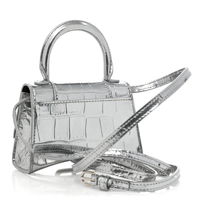 Balenciaga Metallic Calfskin Crocodile Embossed Hourglass Top Handle Bag Mini Silver 2 of 7