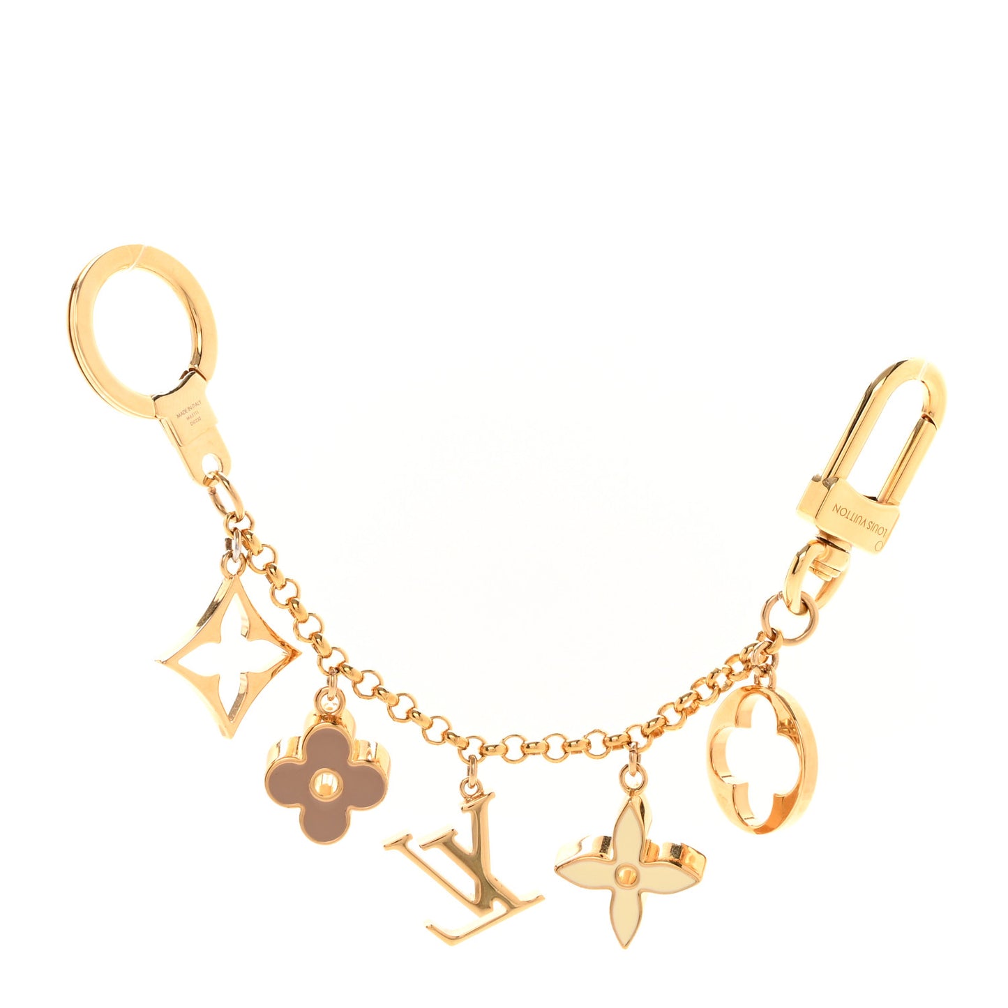 Brass Enamel Fleur De Monogram Bag Charm Chain Gold