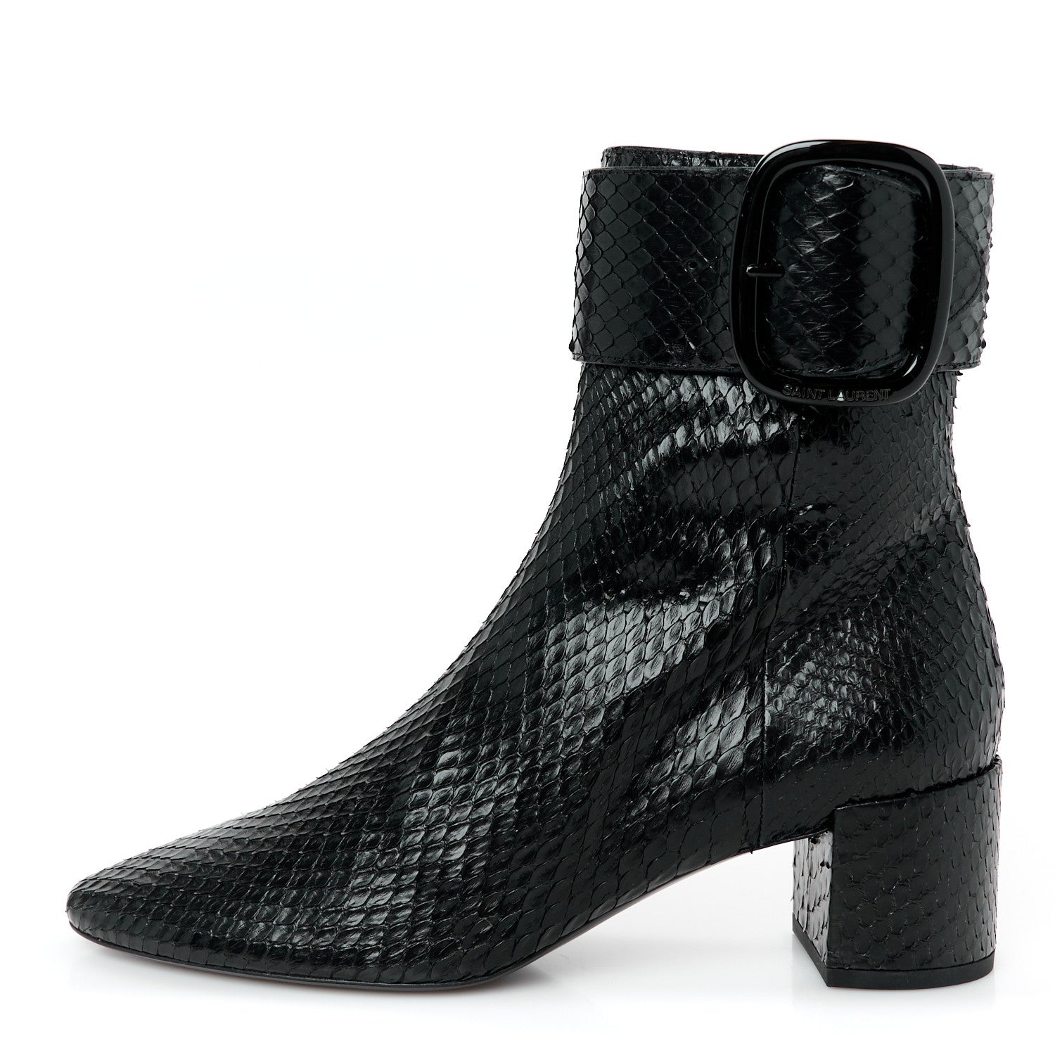 Saint Laurent Shiny Snakeskin Joplin Buckle Booties 37.5 Black 1 of 9
