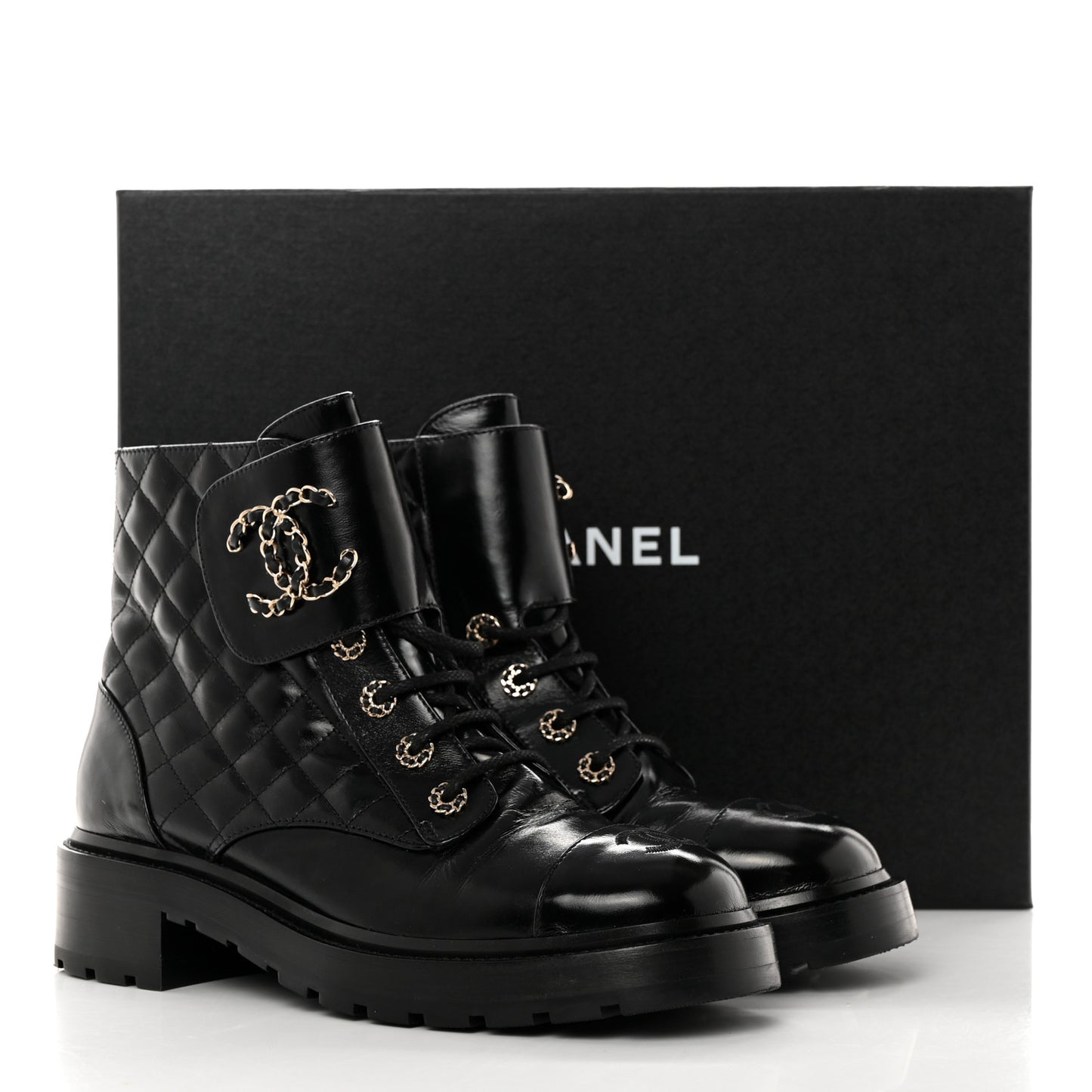 Shiny Calfskin Quilted Lace Up Combat Boots 41 Black