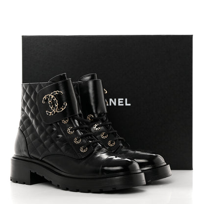 Chanel Shiny Calfskin Quilted Lace Up Combat Boots 41 Black 10 of 10