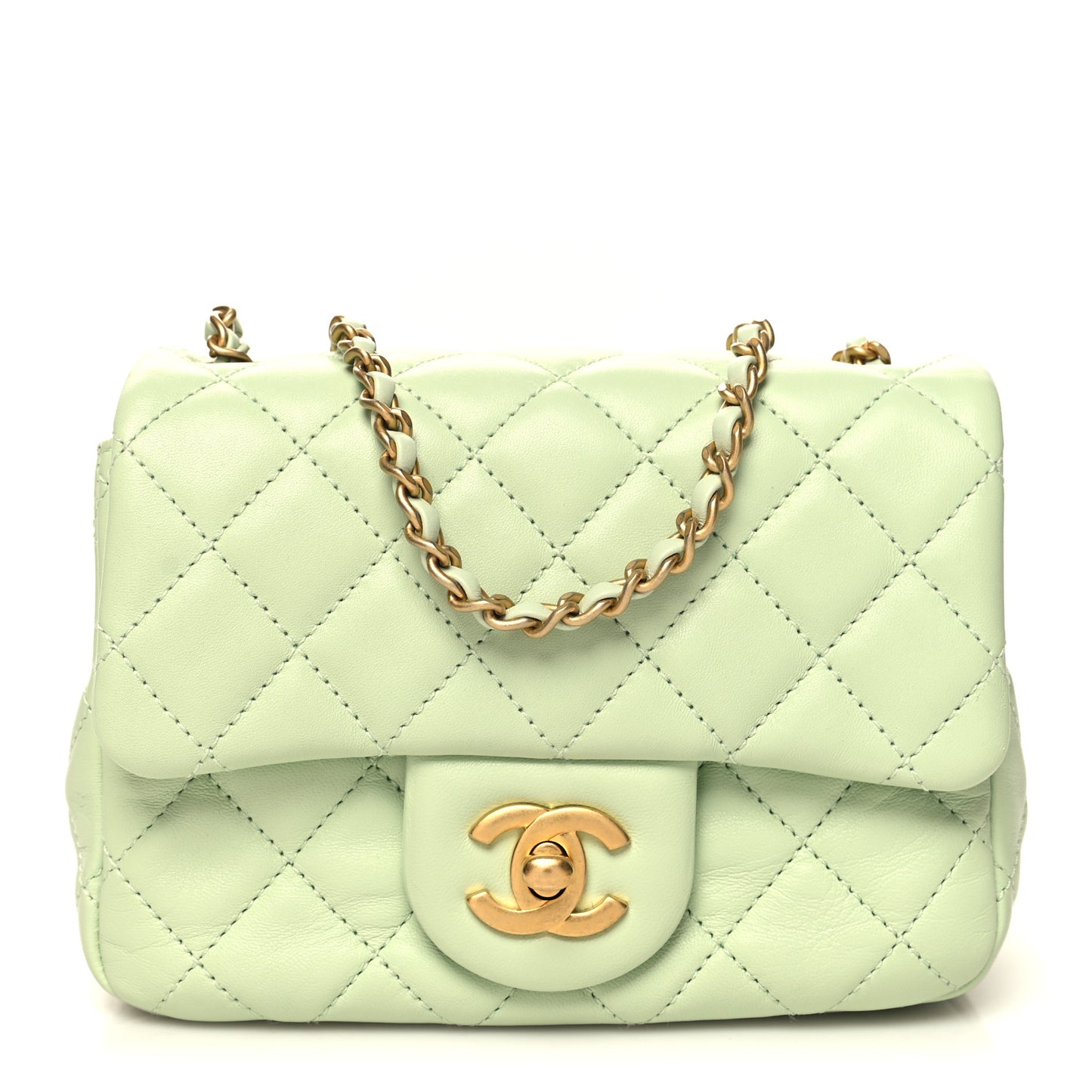 Lambskin Quilted Mini Pearl Crush Flap Light Green