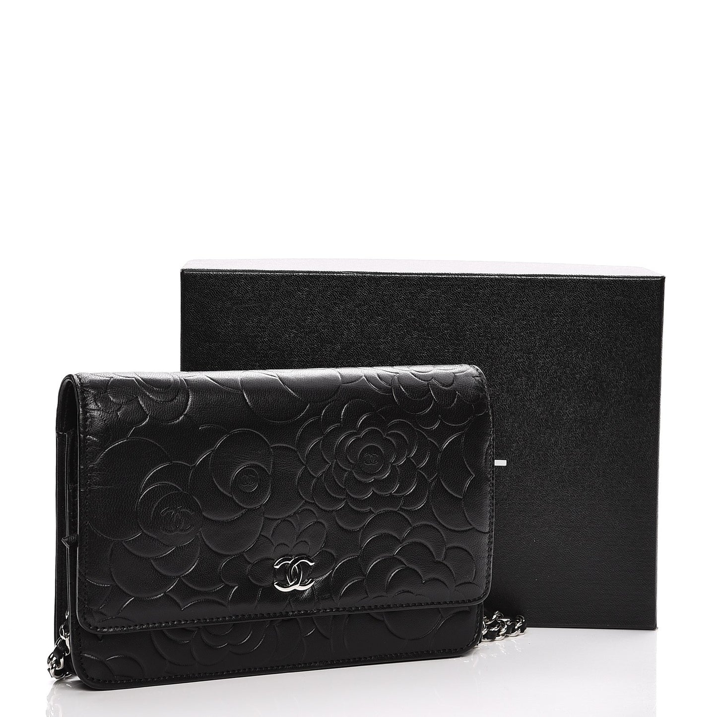 Lambskin Camellia Wallet on Chain WOC Black