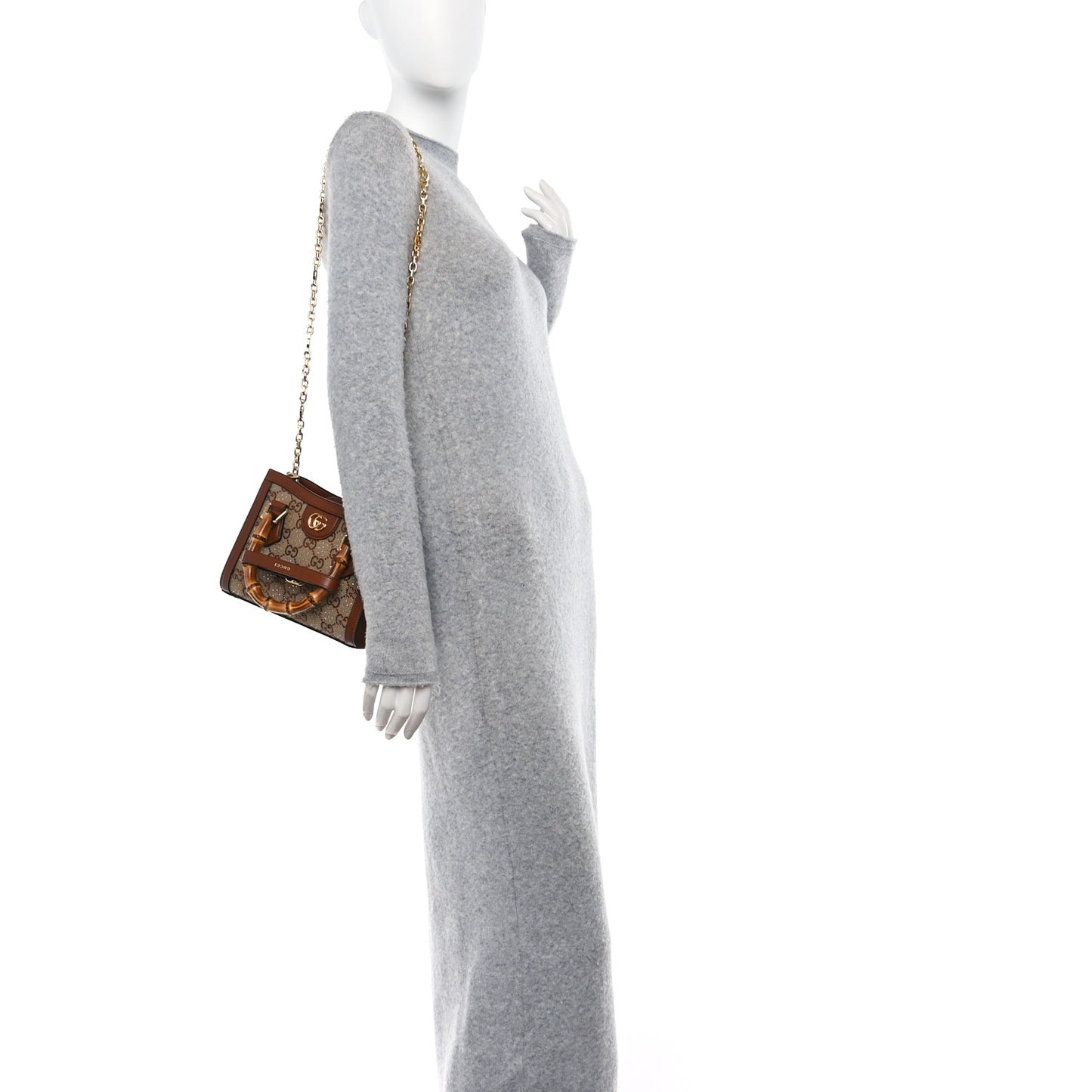 New Canvas Charisma Calfskin Crystal GG Monogram Mini Diana Tote Bag Camel Ebony