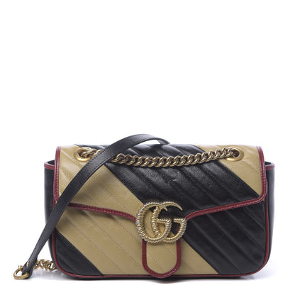 Gucci Vintage Effect Calfskin Matelasse Diagonal Striped Small Torchon GG Marmont Shoulder Bag Black Beige 1 of 11