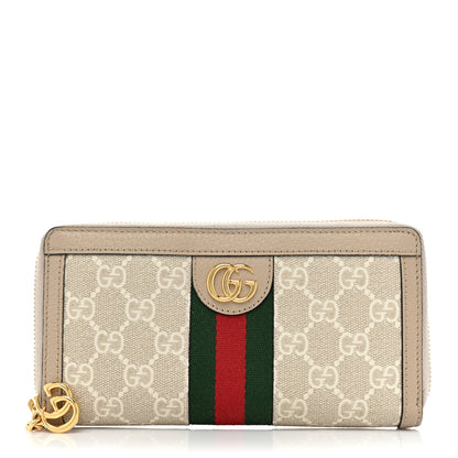 Gucci GG Supreme Monogram Textured Dollar Calfskin Web Ophidia Zip Around Wallet Beige Mystic White Oatmeal 1 of 11