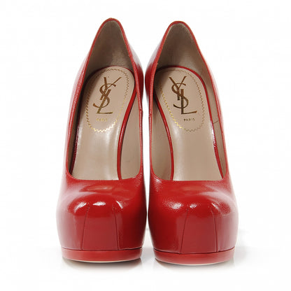 Saint Laurent Pebbled Calfskin Tribute Two Platform Pumps 36 Red 2 of 6