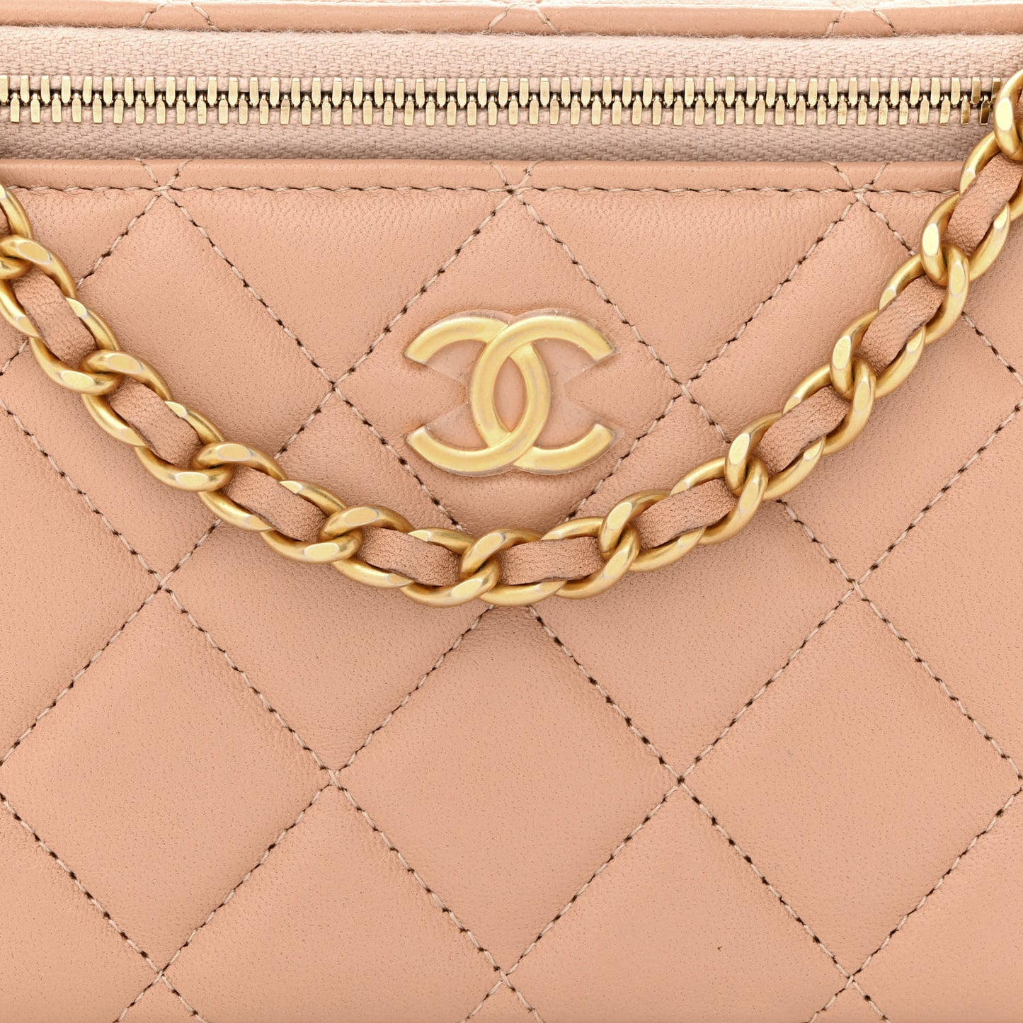 Lambskin Quilted Small Top Handle Vanity Case With Chain Beige