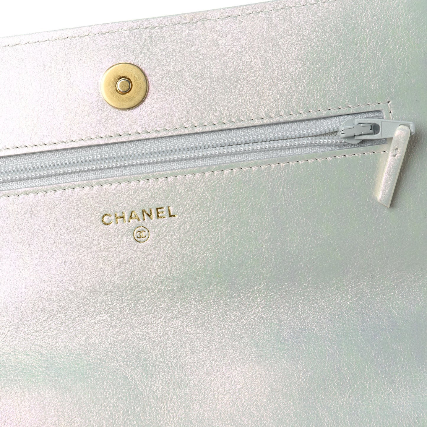 Iridescent Calfskin Quilted Chanel 19 Wallet On Chain WOC White