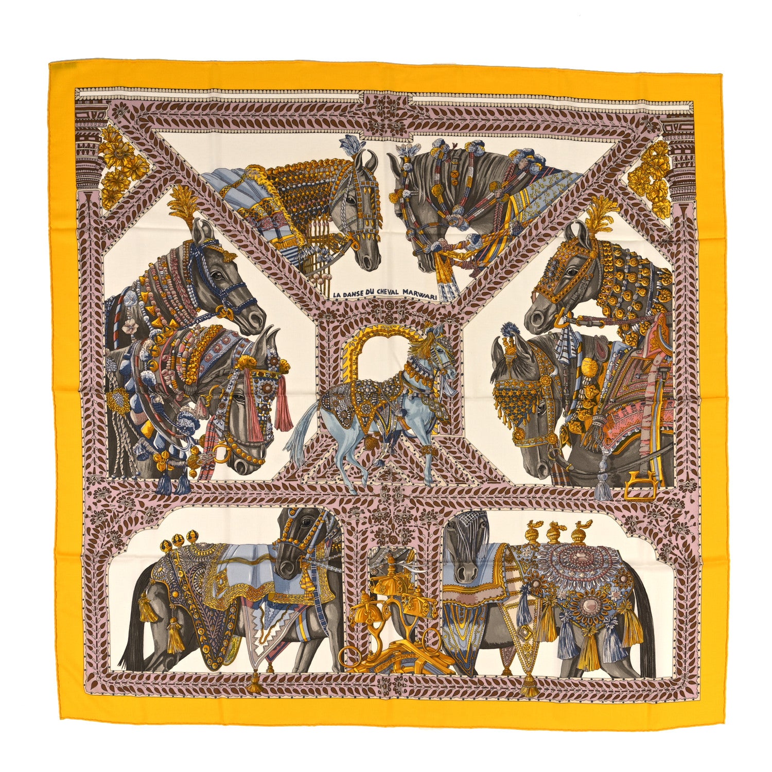 Hermes Cashmere Silk La Danse Du Cheval Marwari Shawl 140 Jaune Vif 1 of 5