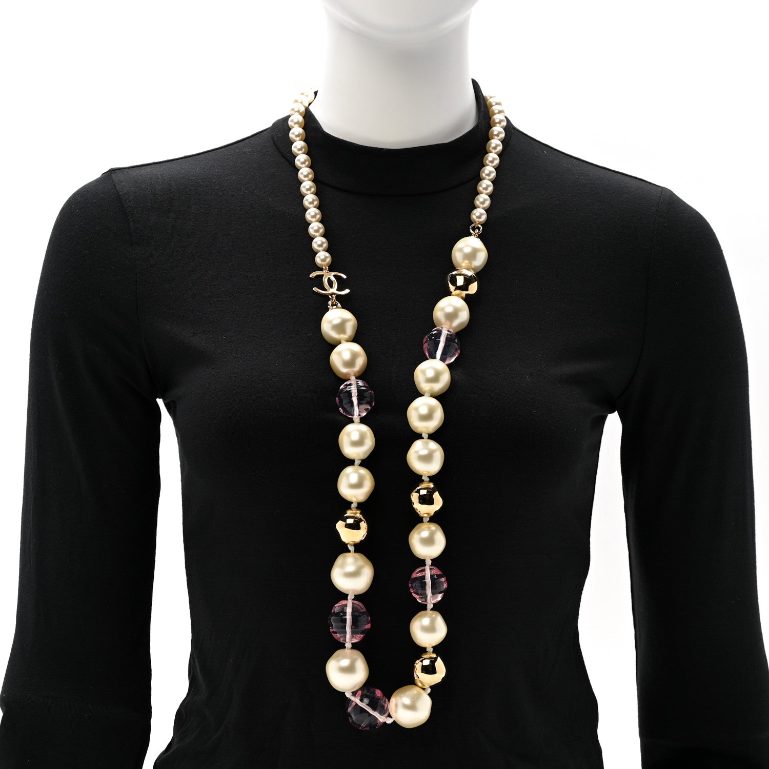 Chanel Metal Pearl CC Long Necklace Gold Pearly White Pink 2 of 5