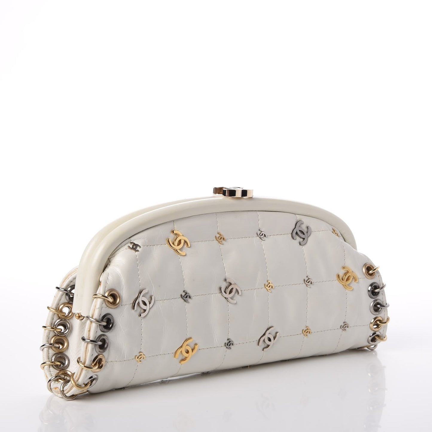 Calfskin Square Quilted Grommet Embellished Piercing Chic Clutch White