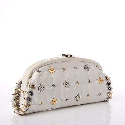 Chanel Calfskin Square Quilted Grommet Embellished Piercing Chic Clutch White 3 of 18