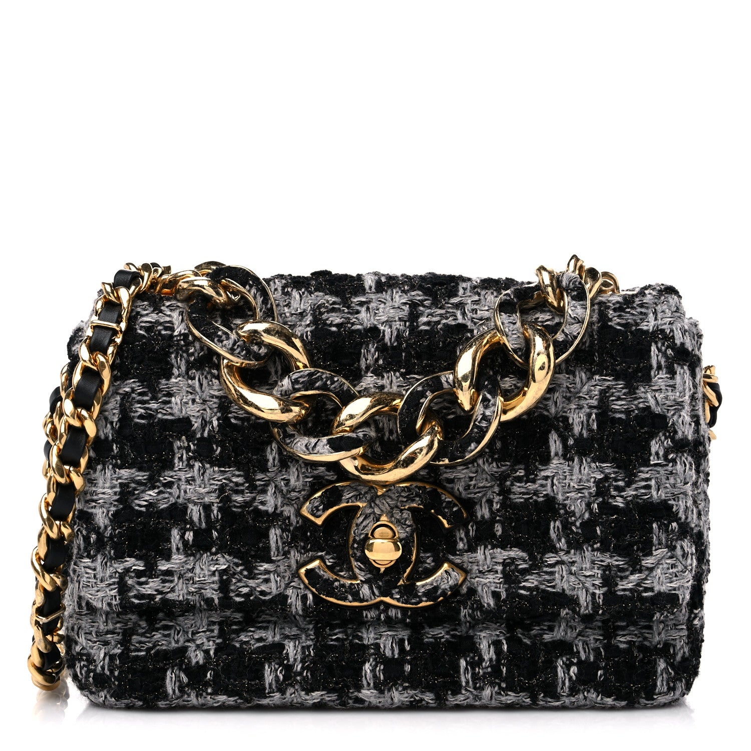 Chanel Wool Tweed Quilted Small Elegant Chain Flap Black Grey 1 of 9