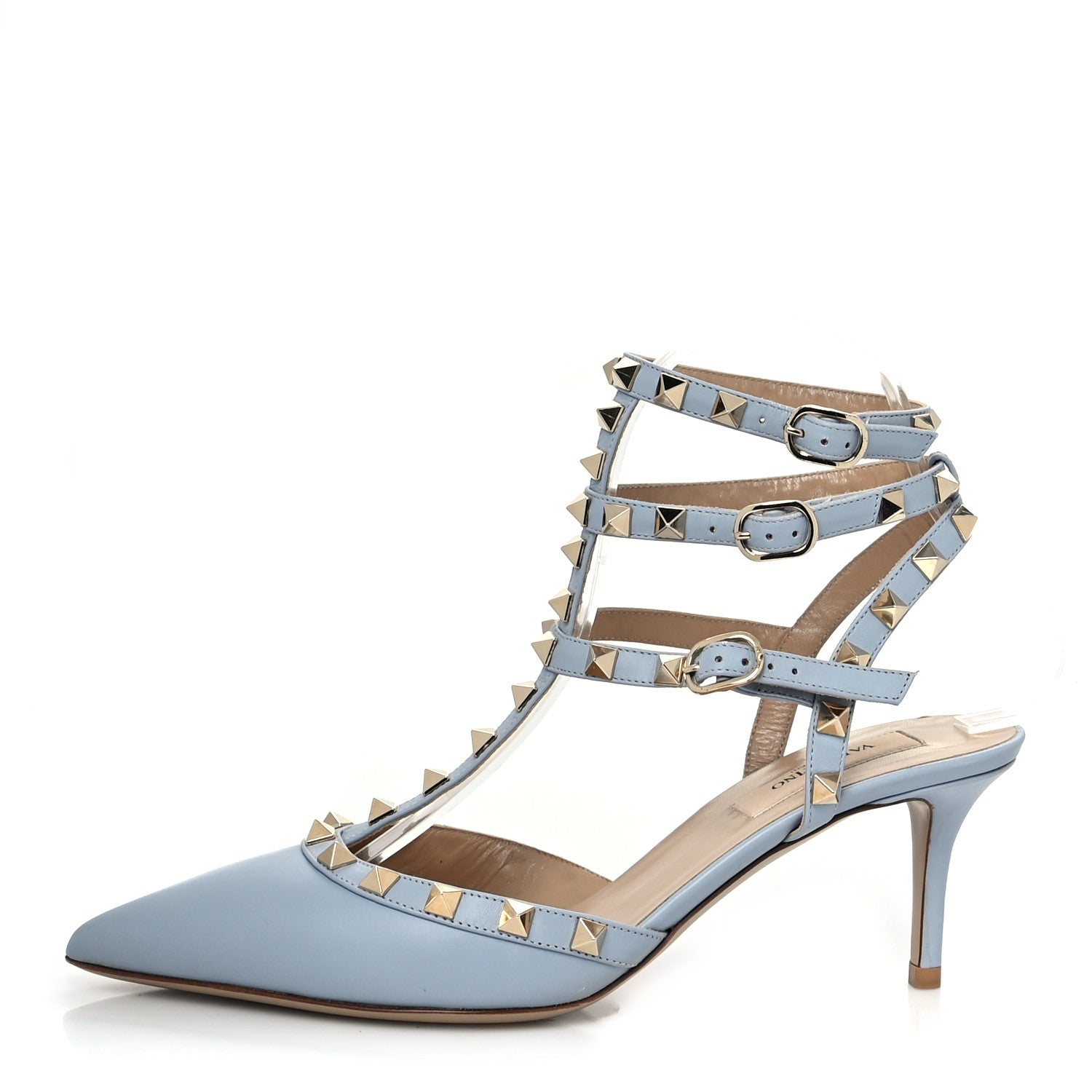 Valentino Garavani Calfskin Nappa Rockstud Ankle Strap 65mm Pumps 37.5 Water Sky 1 of 8