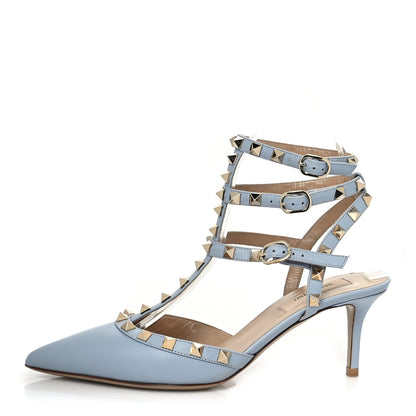 Valentino Garavani Calfskin Nappa Rockstud Ankle Strap 65mm Pumps 37.5 Water Sky 1 of 8