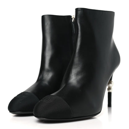 Chanel Lambskin Grosgrain Pearl Ankle Boots 40 Black 4 of 10
