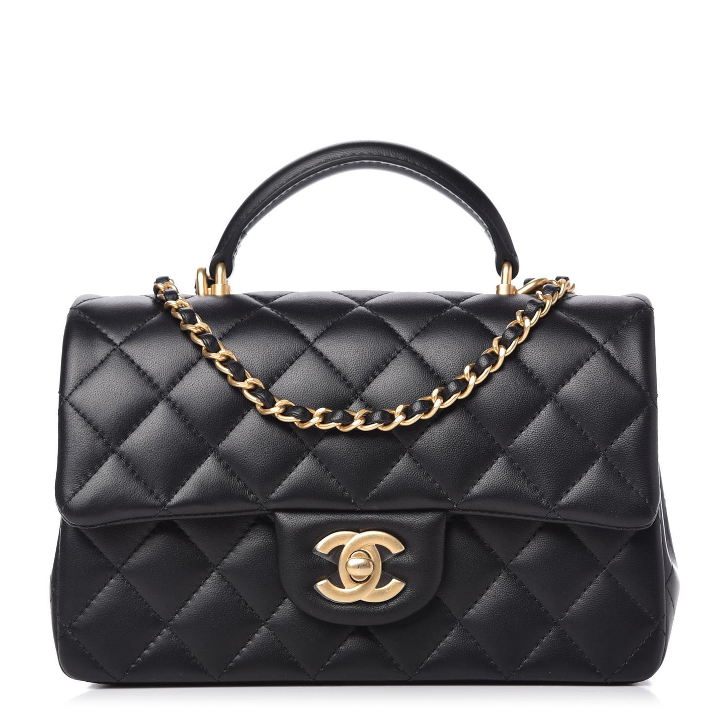 Lambskin Quilted Mini Top Handle Rectangular Flap Black