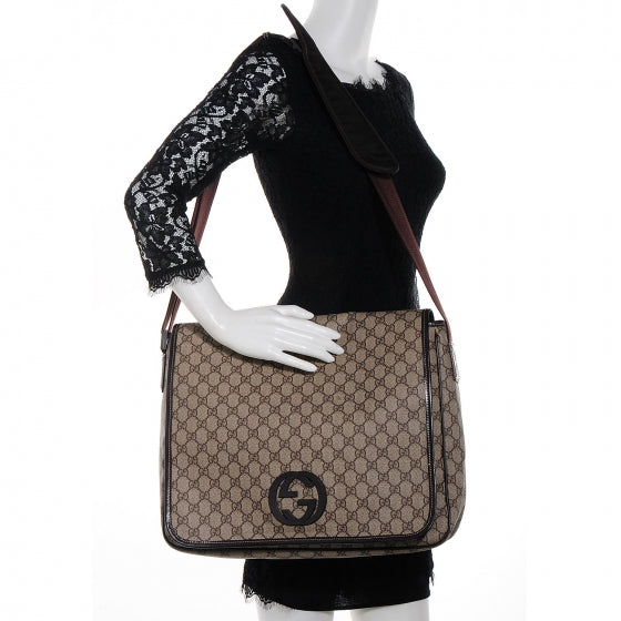 GG Supreme Monogram Large Interlocking G Flap Messenger Bag Beige Dark Brown