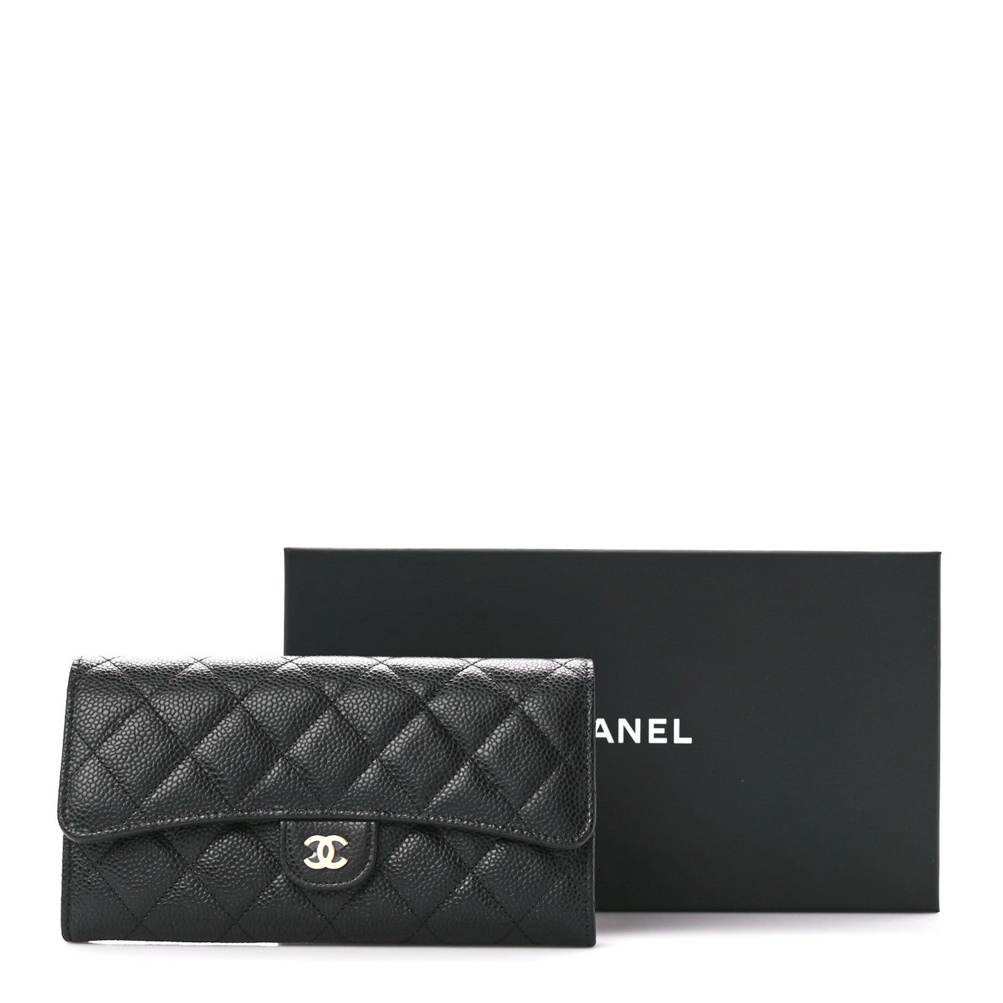 Caviar Quilted Large Gusset Flap Wallet Black