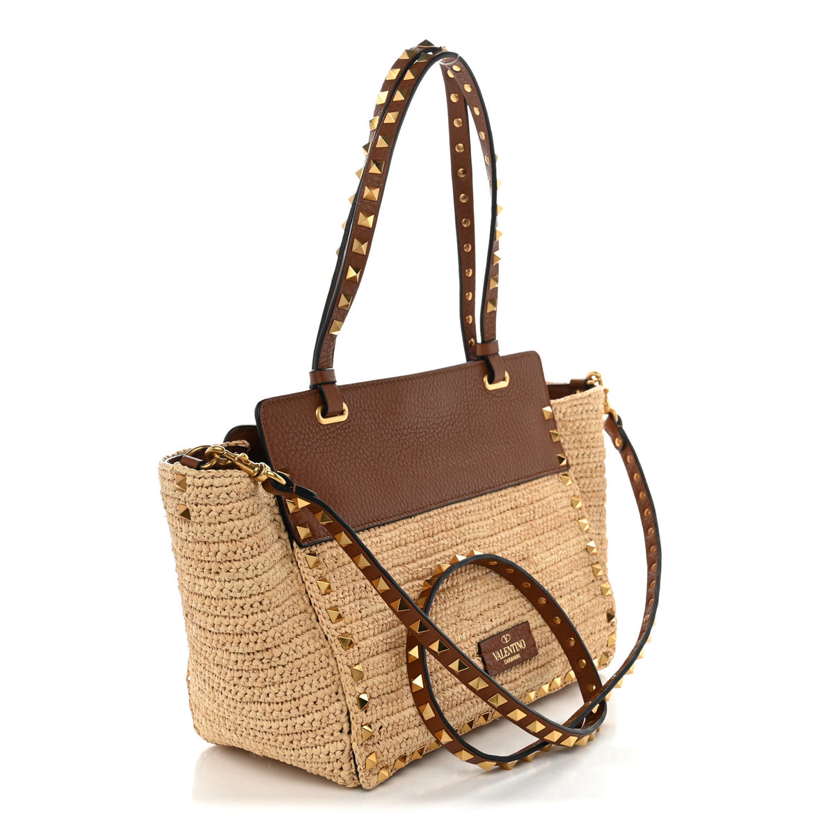 Raffia Calfskin Small Rockstud Tote Naturale Saddle Brown