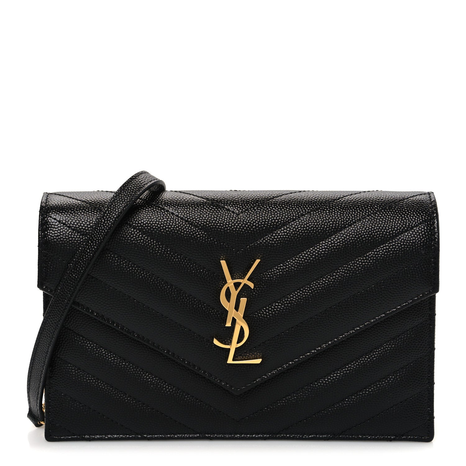 Saint Laurent Grain De Poudre Matelasse Chevron Monogram Envelope Chain Wallet Black 1 of 10