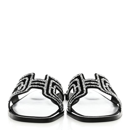 Hermes Suede Goatskin Crystal Oran Sandals 36 Black Argent 2 of 9