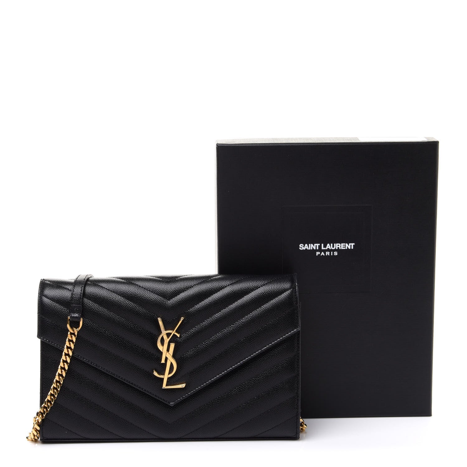 Saint Laurent Grain De Poudre Matelasse Chevron Monogram Chain Wallet Black 16 of 16