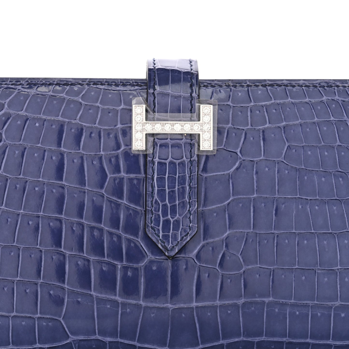 Shiny Porosus Crocodile 18K White Gold Diamond Bearn Wallet Bleu Ciel