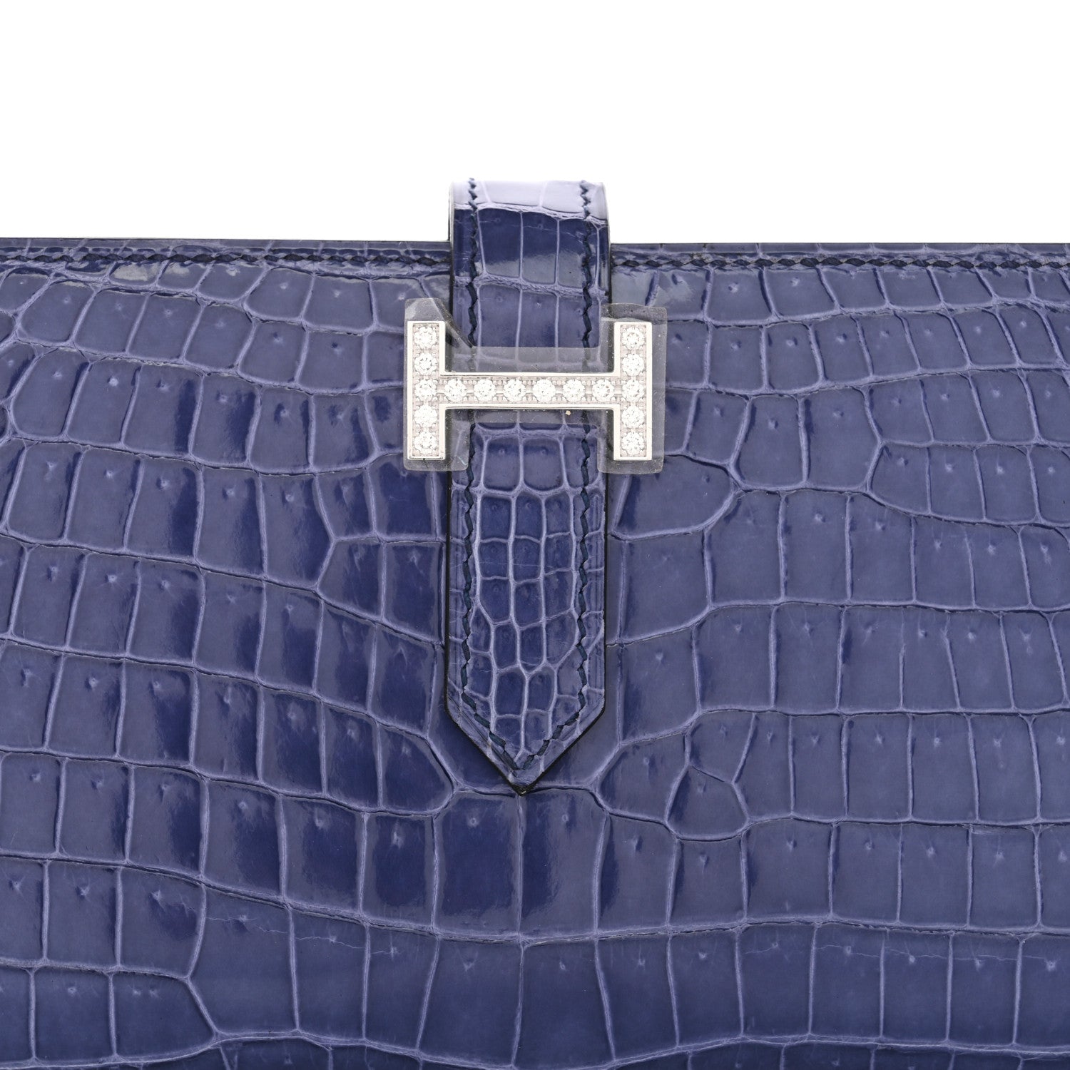 Hermes Shiny Porosus Crocodile 18K White Gold Diamond Bearn Wallet Bleu Ciel 9 of 11