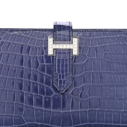 Hermes Shiny Porosus Crocodile 18K White Gold Diamond Bearn Wallet Bleu Ciel 9 of 11