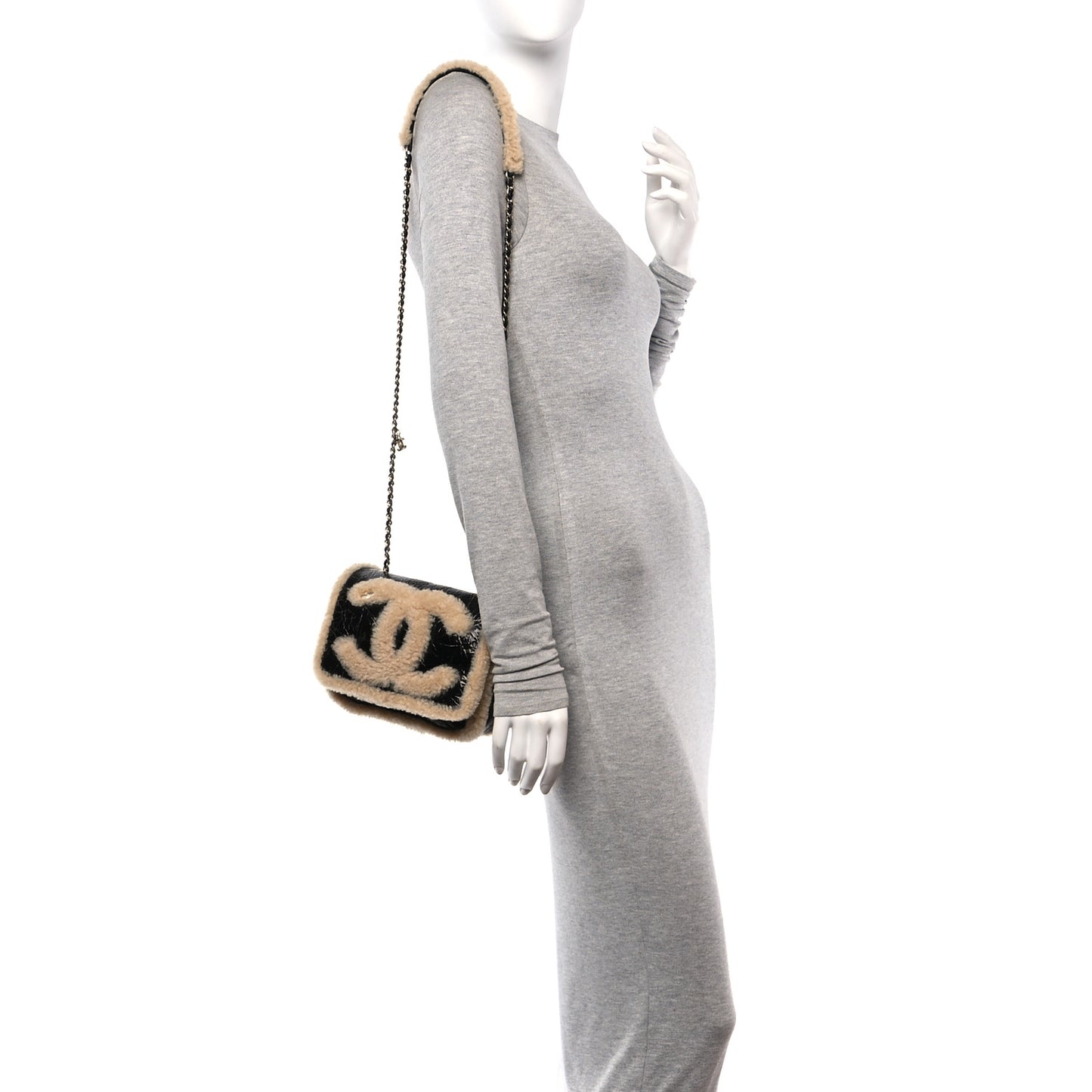 Shiny Crumpled Sheepskin Shearling CC Mania Flap Bag Black Beige