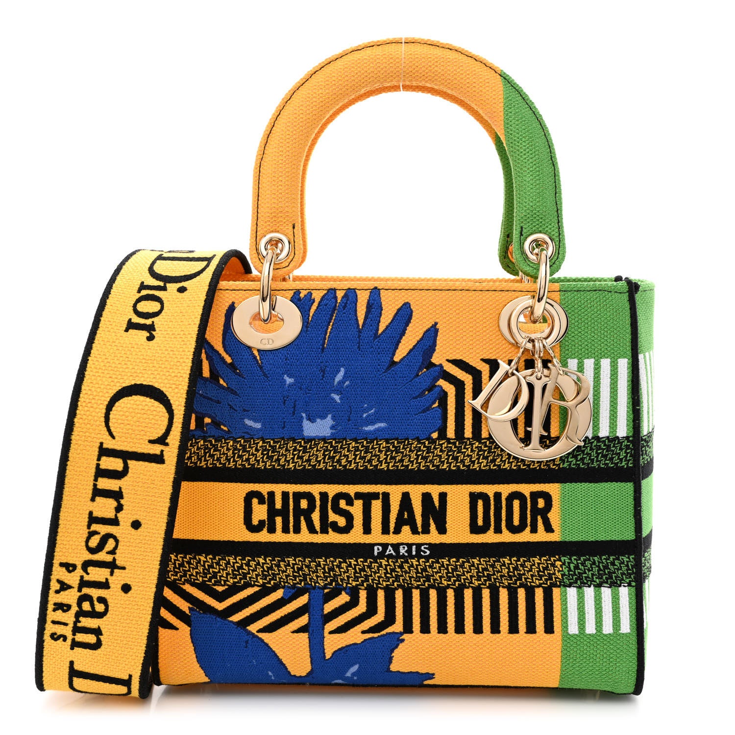 Christian Dior Canvas Embroidered Flower Pop Medium Lady D-Lite Bright Yellow Green 1 of 10
