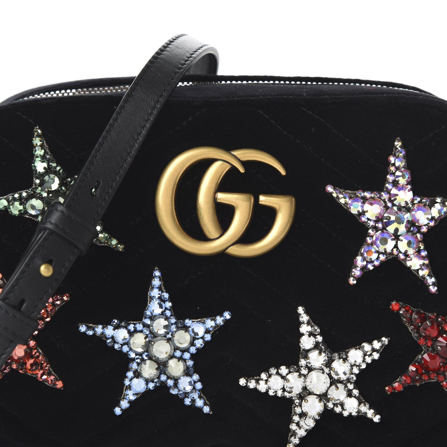 Velvet Matelasse Crystal Star Embroidered Small GG Marmont Chain Shoulder Bag Black