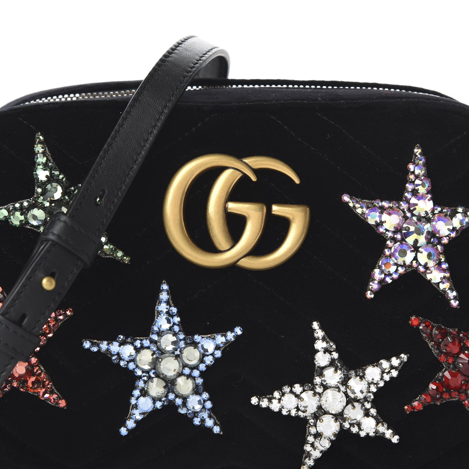 Gucci Velvet Matelasse Crystal Star Embroidered Small GG Marmont Chain Shoulder Bag Black 10 of 10