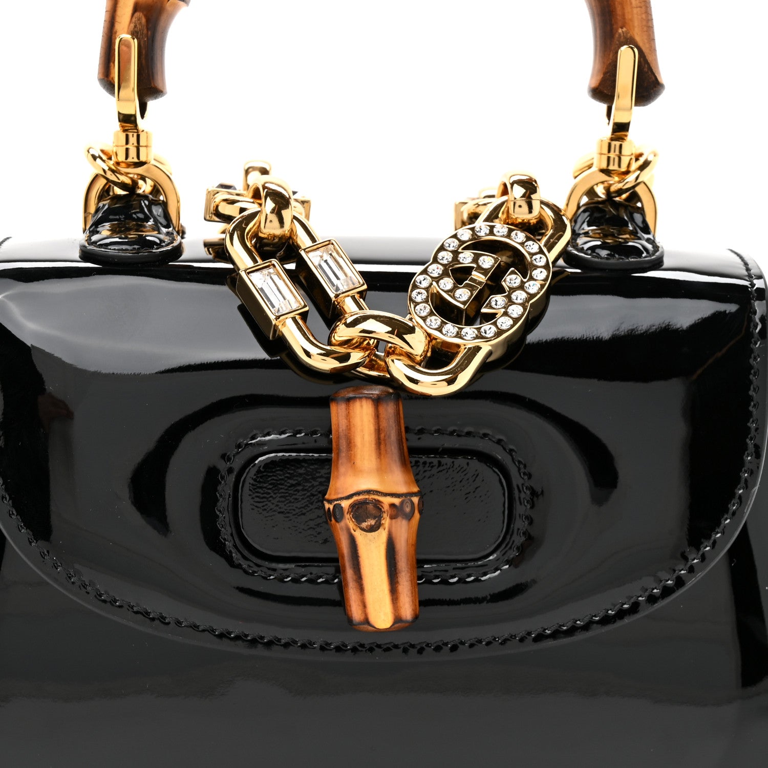 Gucci Patent Crystal Mini Bamboo 1947 Top Handle Chain Bag Black 8 of 10