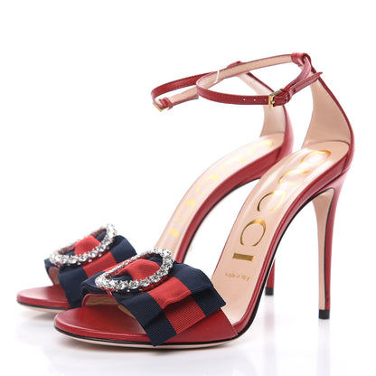 Gucci Nappa Crystal Web Ankle Strap High Heel Sandals 37 Hibiscus Red 3 of 9