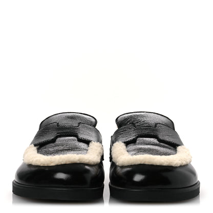 Hermes Glazed Nappa Shearling Shearling Go Mules 37.5 Black Ecru 3 of 12