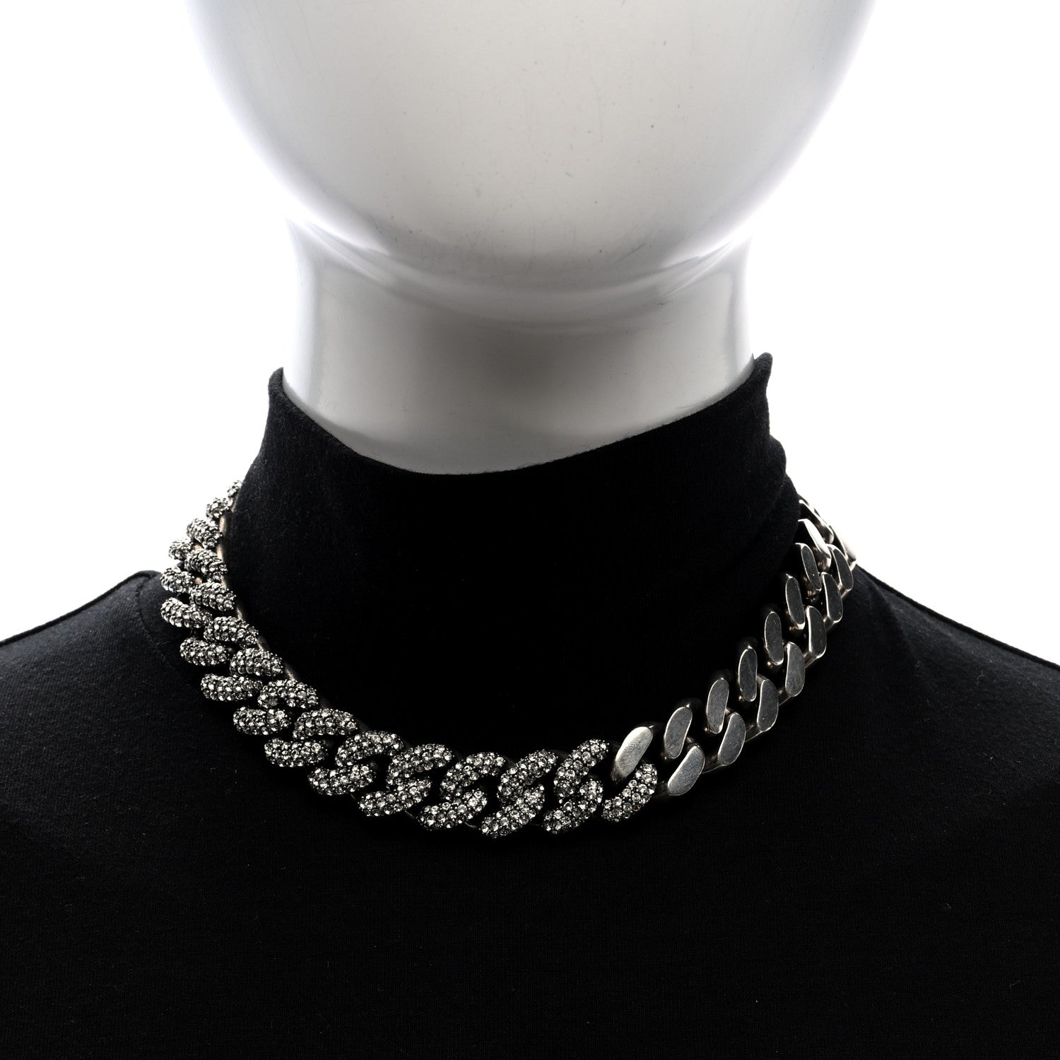 Saint Laurent Crystal Curb Chain Necklace Oxidized Silver 2 of 4