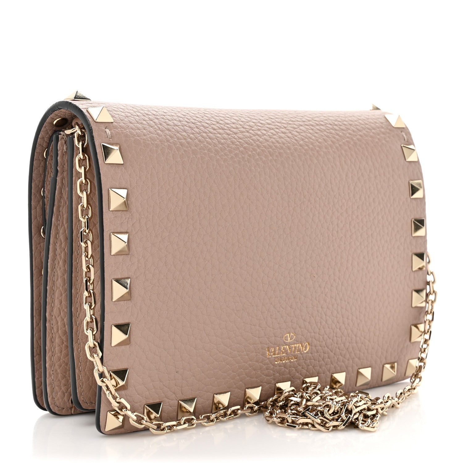 Valentino Garavani Pebbled Calfskin Rockstud Wallet On Chain Poudre 3 of 10
