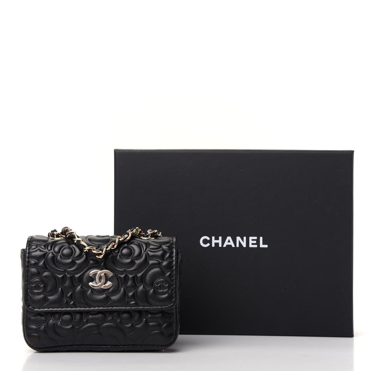 Lambskin Camellia Embossed Chain Belt Bag Black