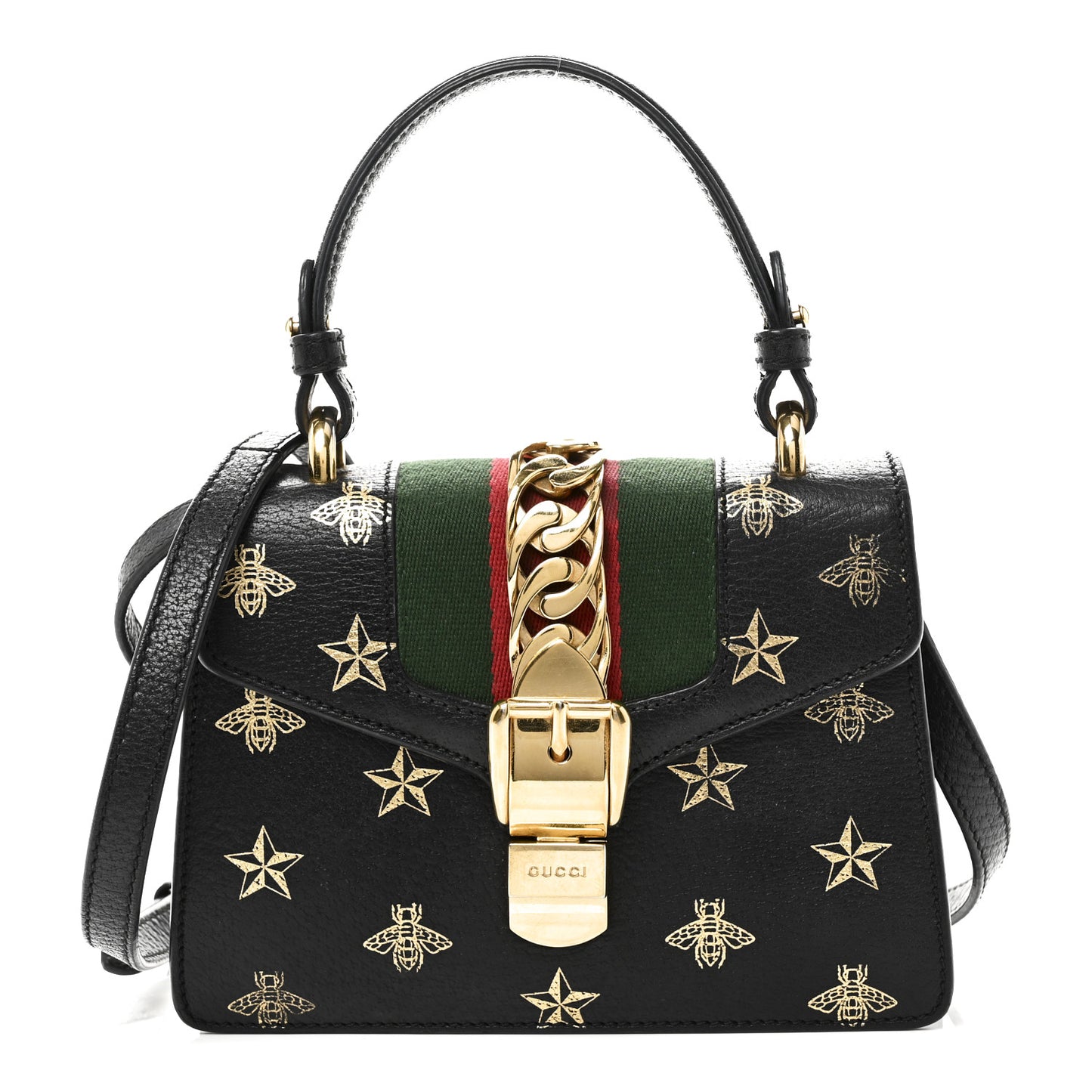 Textured Calfskin Bee Star Print Mini Sylvie Top Handle Bag Black