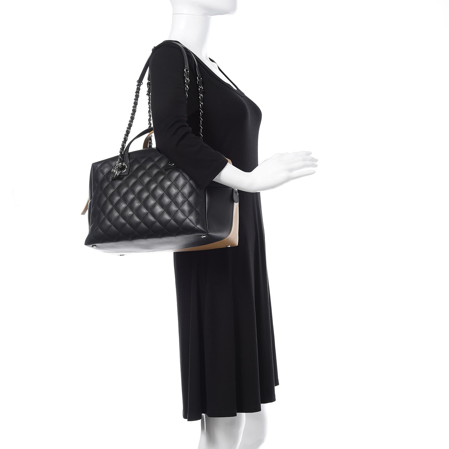 Chanel Calfskin Quilted Feather Weight Bowling Bag Black Beige 2 of 13