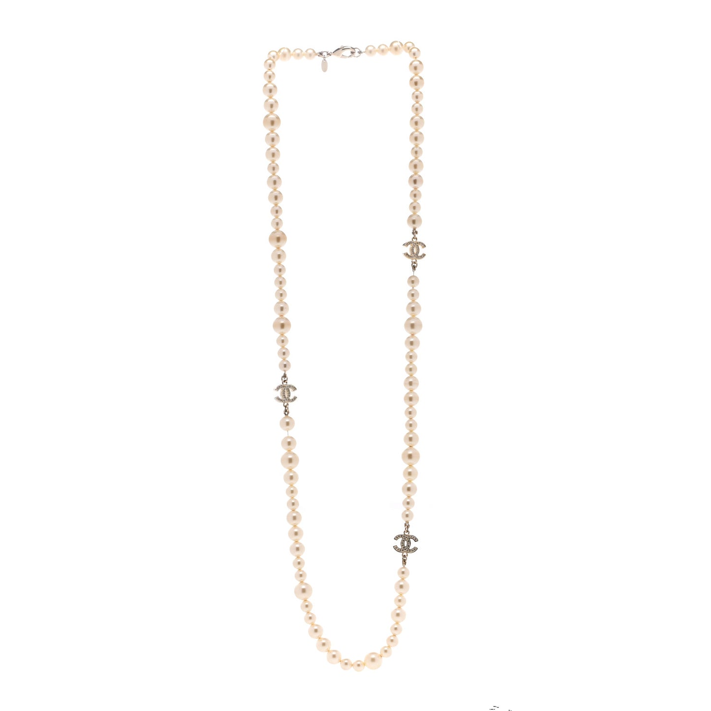 Graduated Pearl Crystal CC Long Necklace Silver