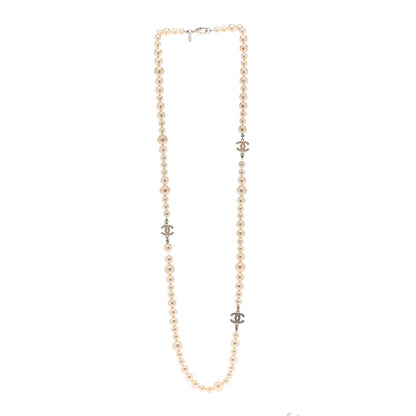 Chanel Graduated Pearl Crystal CC Long Necklace Silver 3 of 4