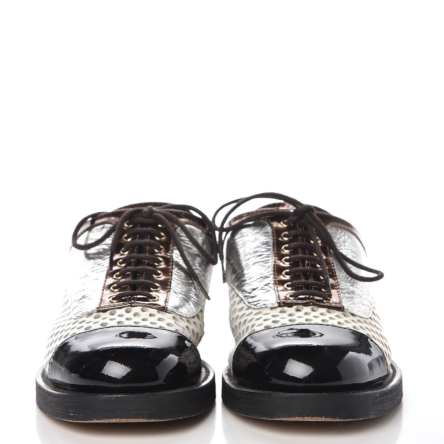 Chanel Lambskin Perforated Cap Toe Lace Up Mules 36 Silver Black 2 of 12