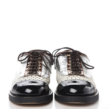 Chanel Lambskin Perforated Cap Toe Lace Up Mules 36 Silver Black 2 of 12