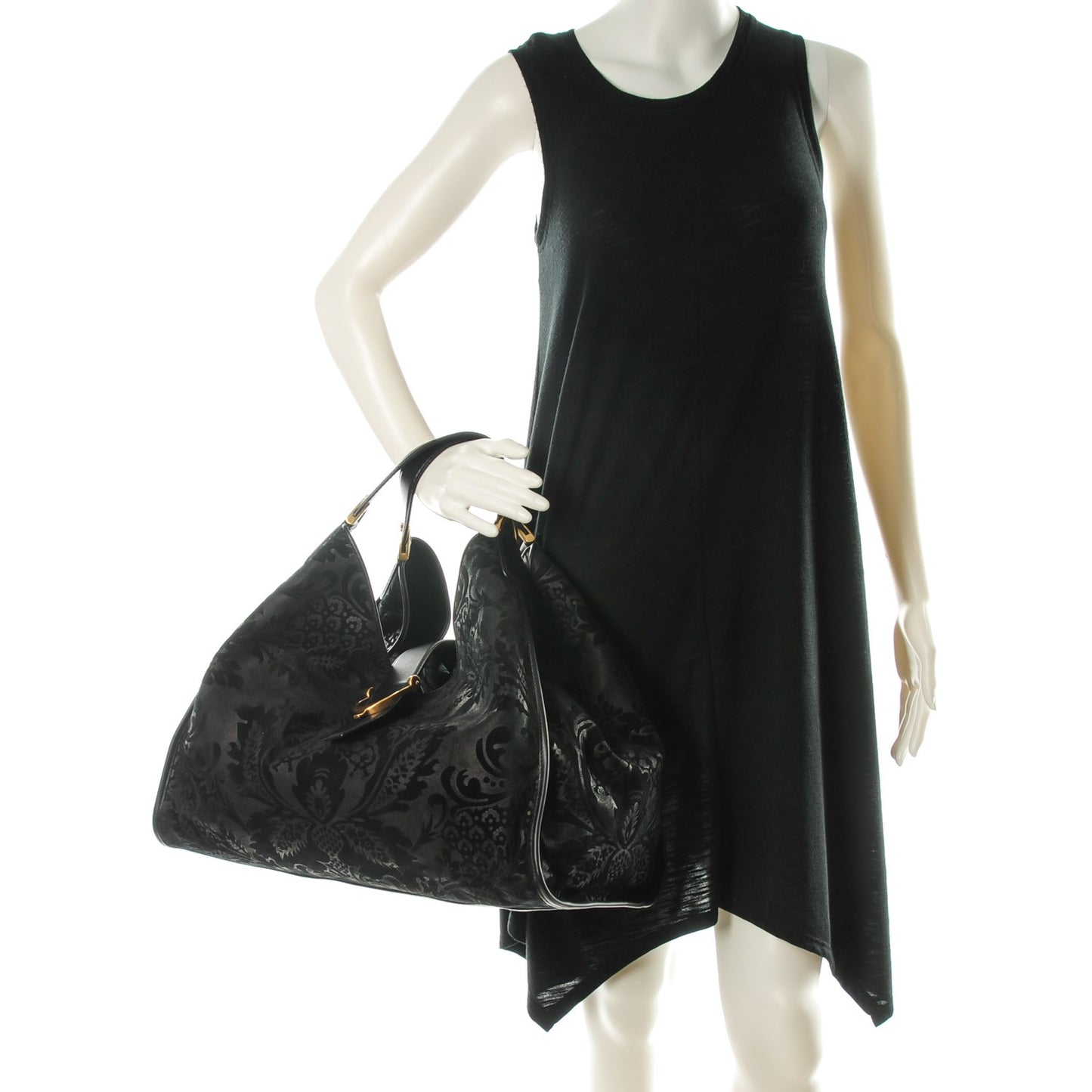 Nubuck Brocade Large Soft Stirrup Shoulder Bag Black