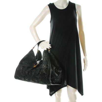 Gucci Nubuck Brocade Large Soft Stirrup Shoulder Bag Black 2 of 7
