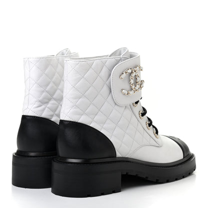 Chanel Shiny Lambskin Quilted Lace Up Combat Boots 40 White Black 4 of 7